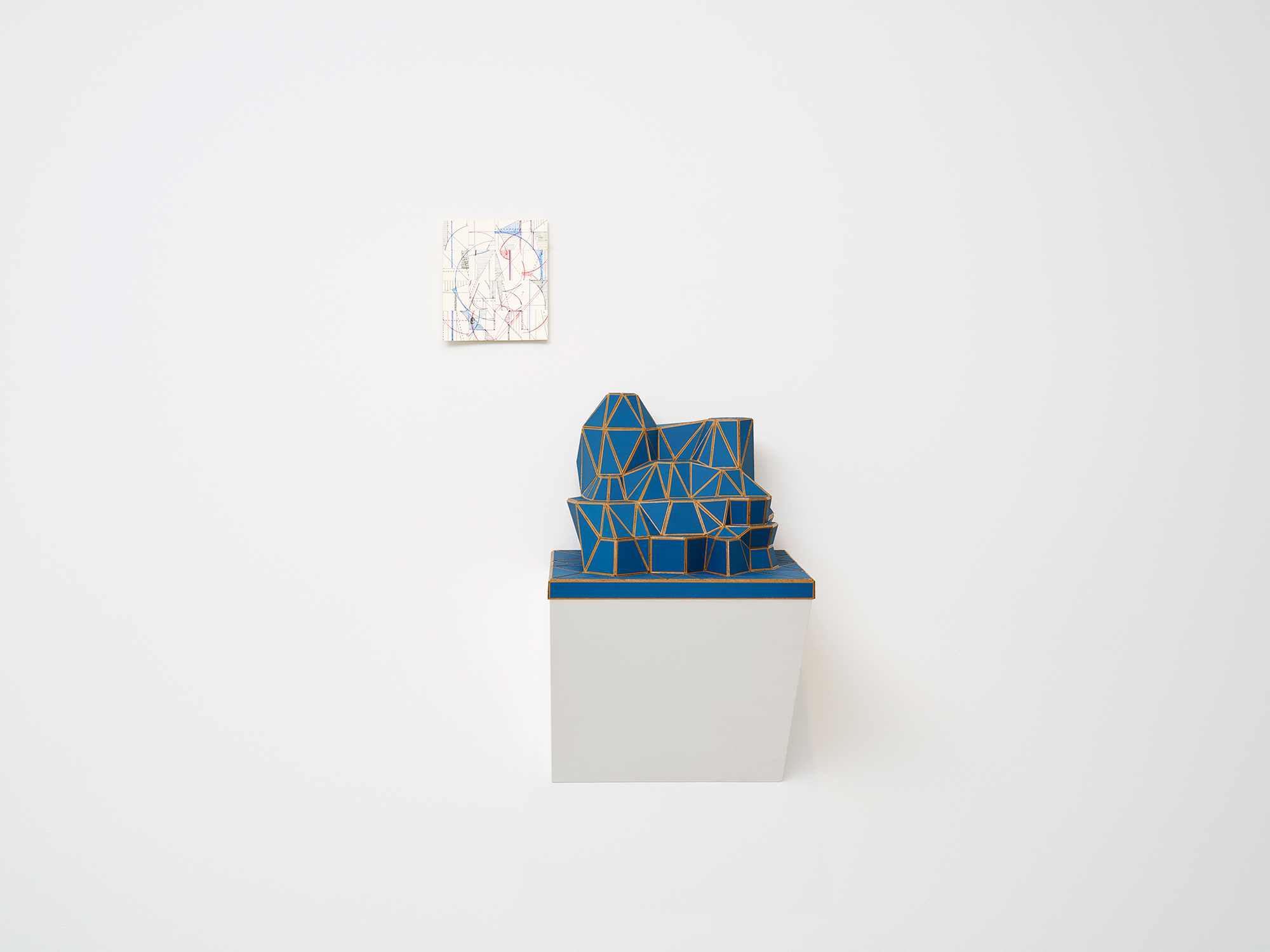 Jaiyoung Cho, *Sculptural Skin*, 2024, cardboard, contact paper, variable dimensions. (22.7 (h) × 29.5 × 29.5 cm) / pen on paper, 13 × 15 cm. 1 of 2 UBP Editions (variable ed.) + AP