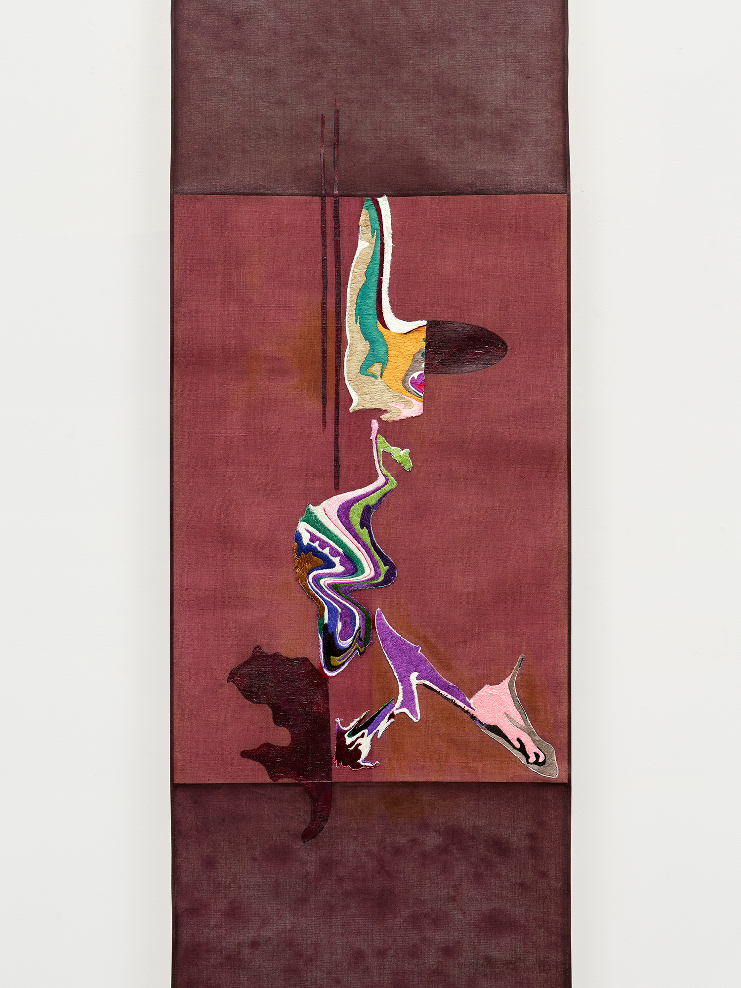 Kyungah Ham, *Reflecting on Change, Loss and Anxiety They Bring*, 2025, 2021 Bourgogne red wine, 2017 Napa Valley red wine, more red wine, collage with North Korean hand embroidery, acrylic on linen and silk, 65 × 43.5 cm (canvas), 144 × 47.2 cm (silk scroll), 56 × 13(d) cm (paper cylinder)
