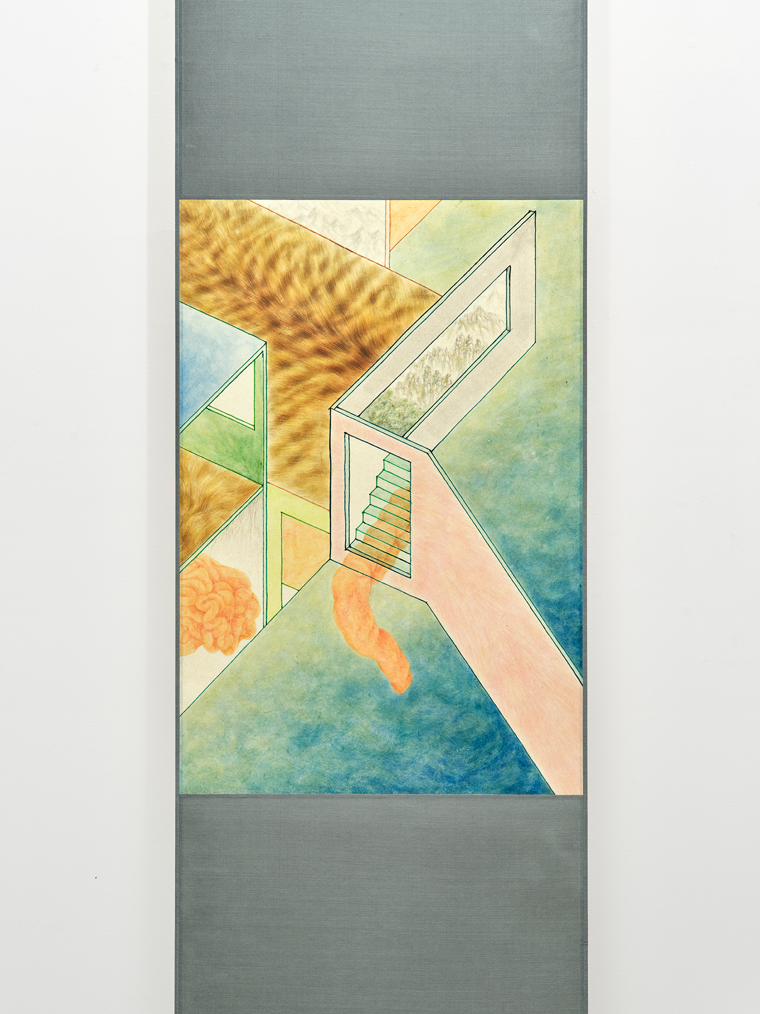 Eunsil Lee, *Recombination*, 2025, colors and ink on Korean paper, 65 × 43.5 cm (paper), 144 × 47.2 cm (silk scroll), 56 × 13(d) cm (paper cylinder)