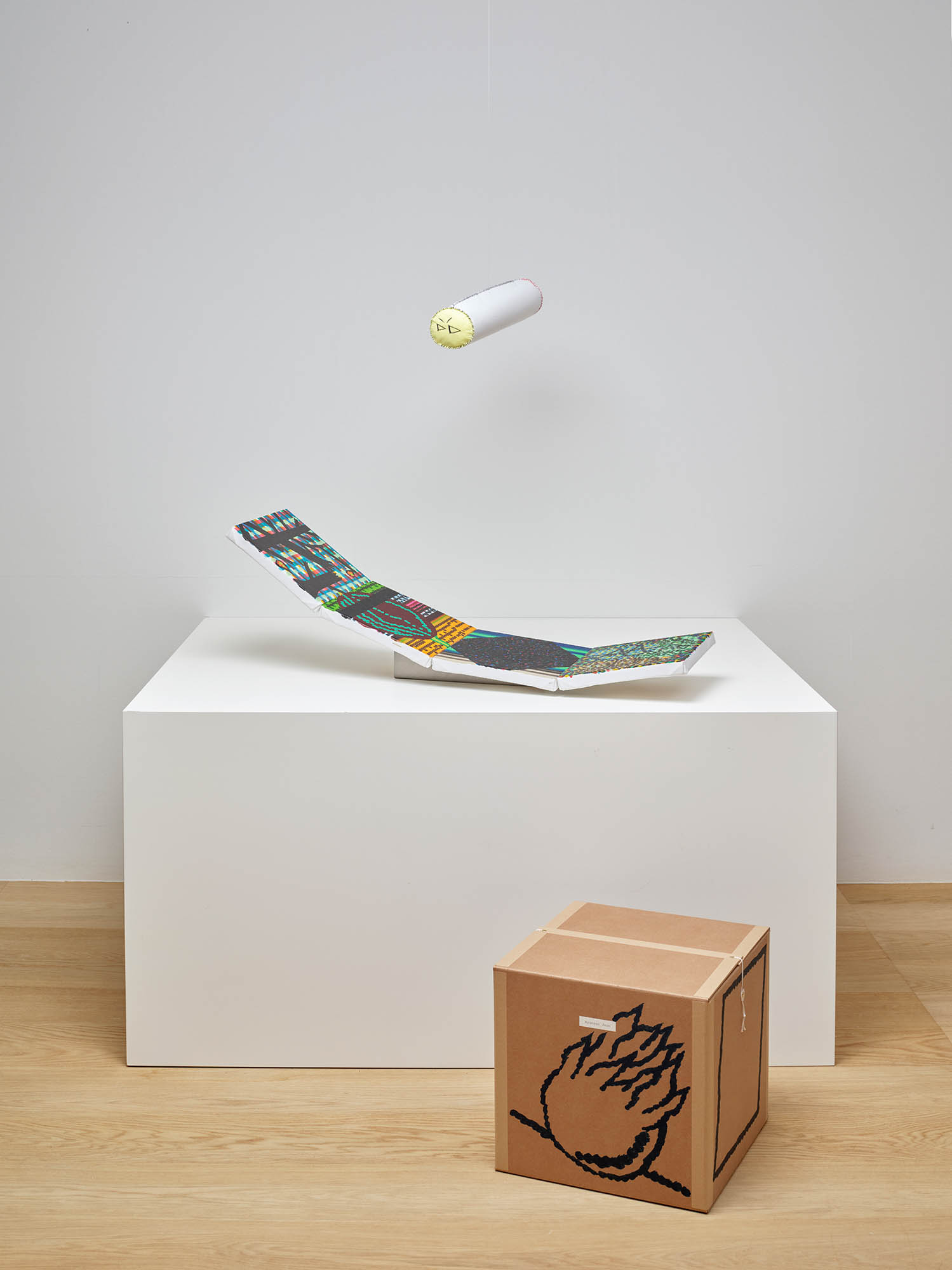 Hyunsun Jeon, *Into the Woods to Lose Our Way*, 2026, Watercolor on canvas mounted on wood panels, metal brackets, hand-sewn felt cylinder, 25 × 25 cm each (4 pcs), hand-sewn felt cylinder 50 × Ø9 cm, dimensions variable.