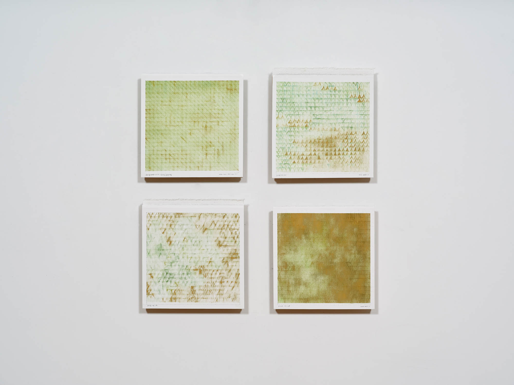 Hyungjin Park, *Looping Narrative: Buam-dong*, *Ginkgo: Buam-dong 260527*, *Ginkgo: Buam-dong 260610*, *Ginkgo: Buam-dong 260624*, 2026, Embossed printmaking paper, dry pigment, eraser, plywood panel, 25 × 25 cm each, 4 pcs.