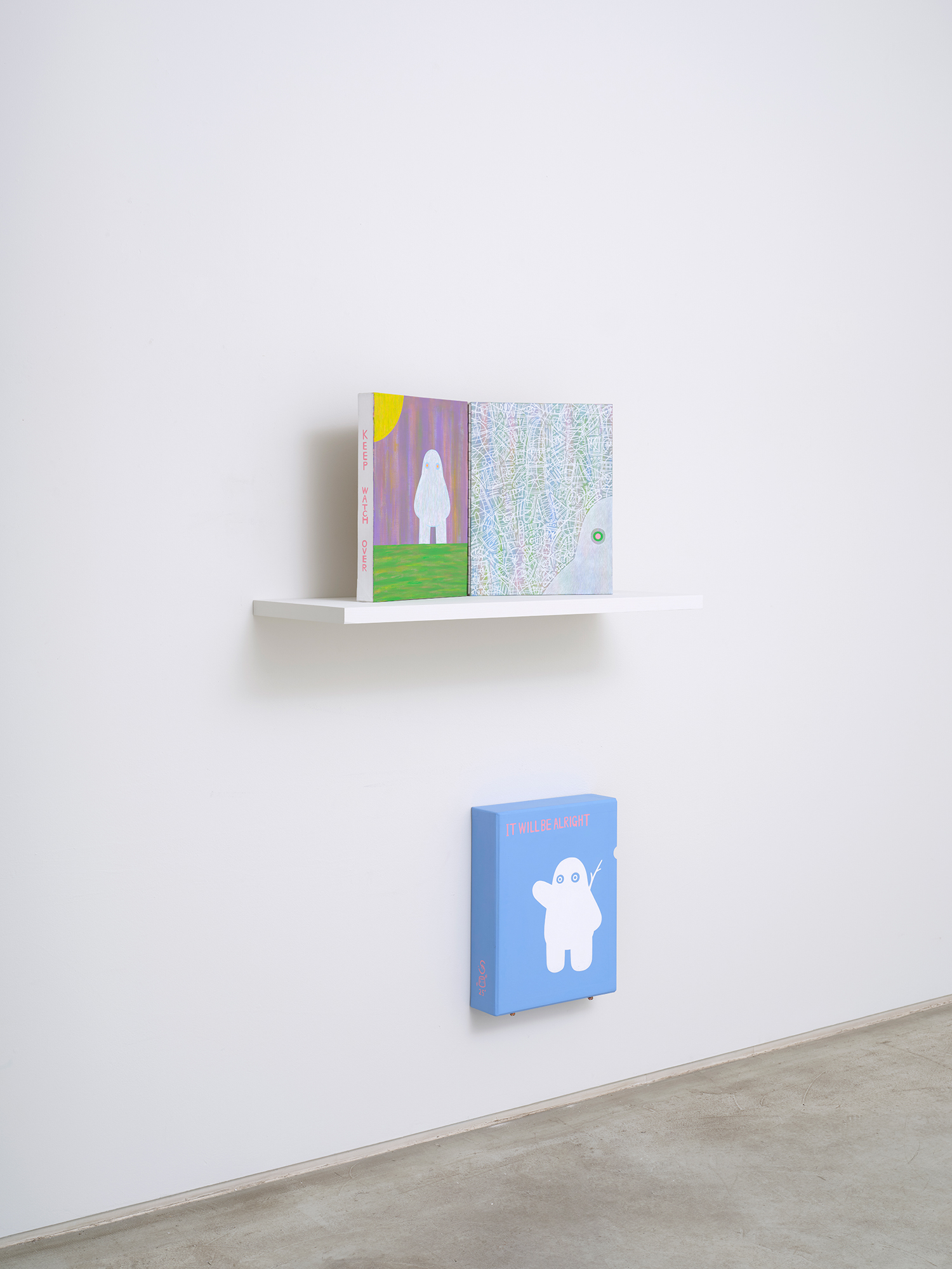 *It will be alright*, 2025, acrylic on canvas, 41 × 32 cm (each) diptych, 43.5h × 33.5 × 10 cm (box)
