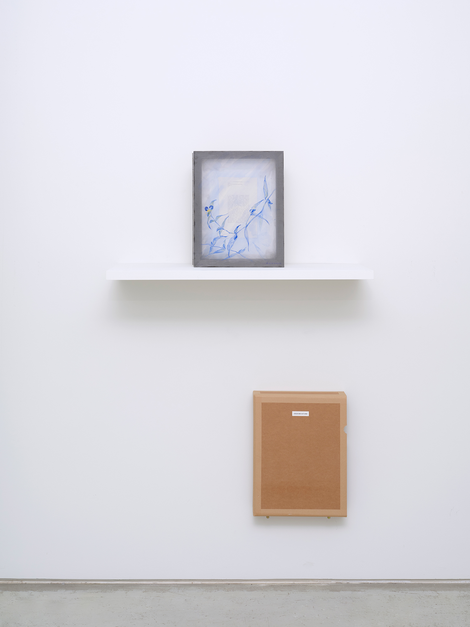 Joeun Kim Aatchim, *Memory of L (Dayflower over the Pages of the Artist’s Book)*, 2025, mineral pigments, watercolor, colored pencil on silk, paper on canvas, 41 × 32 cm each, diptych, box: 43.5(h) × 33.5 × 10 cm