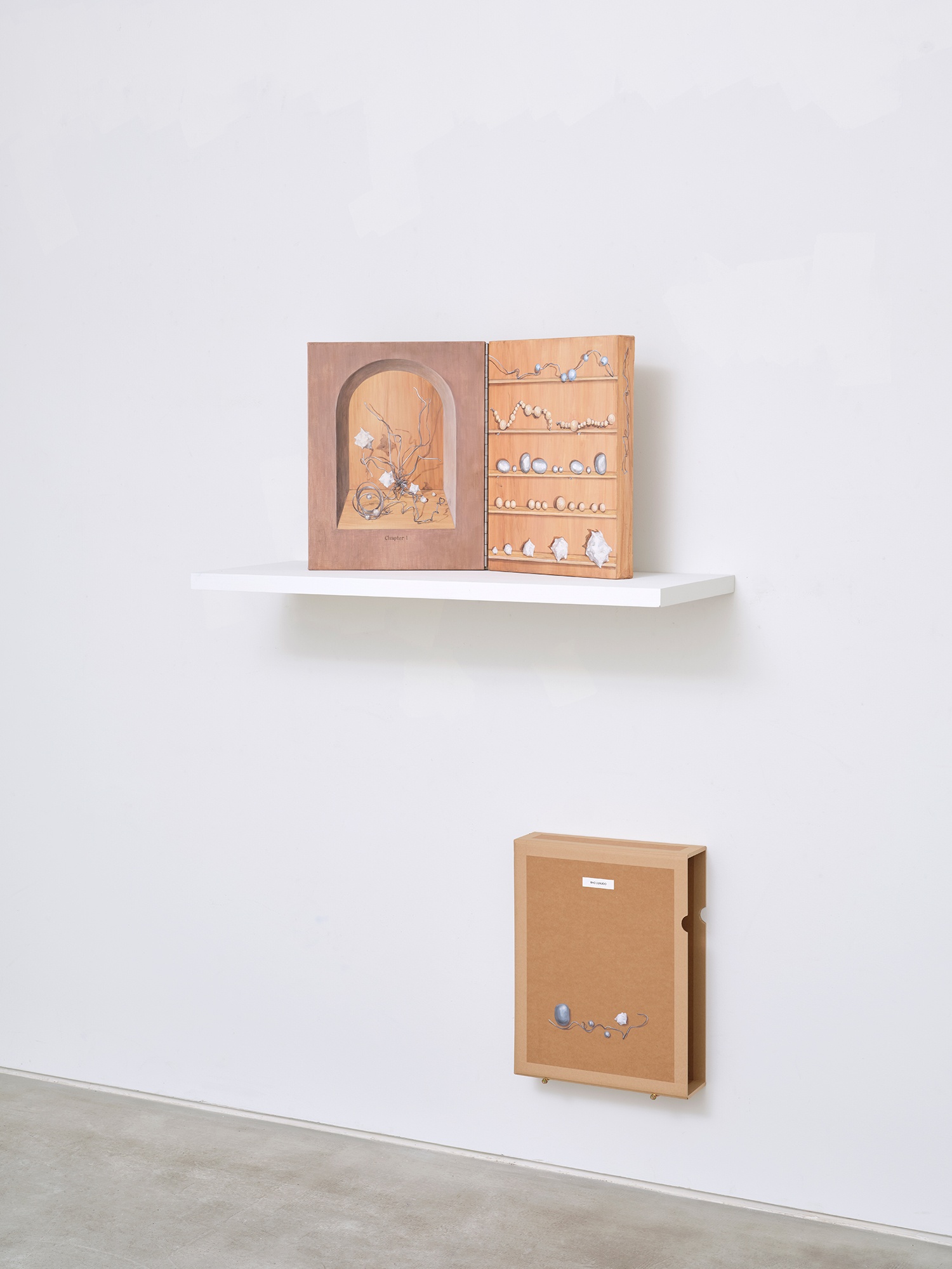 Rho Eunjoo, *Words Before Words*, 2025, acrylic on canvas, 41 × 32 cm each, diptych, box: 43.5(h) × 33.5 × 10 cm