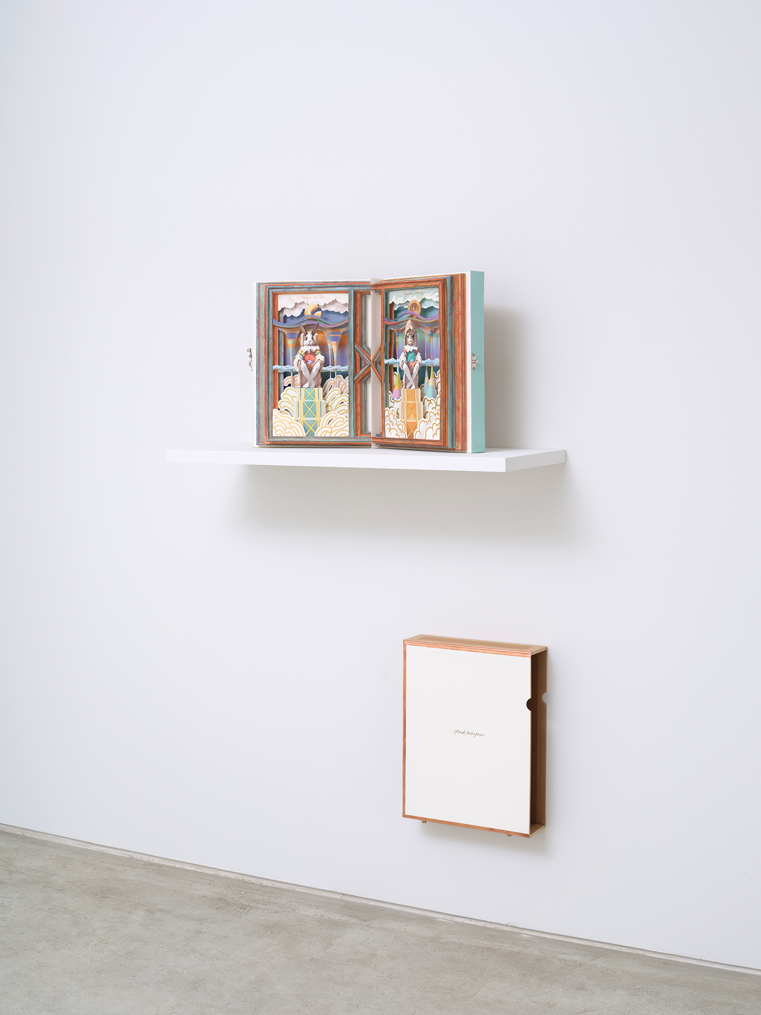 Park Minjoon (b. 1971), *X013*, 2025, watercolor, gouache, acrylic on paper (PVA, pH7 tape), 41 × 32 cm each, diptych, box: 43.5(h) × 33.5 × 10.5 cm
