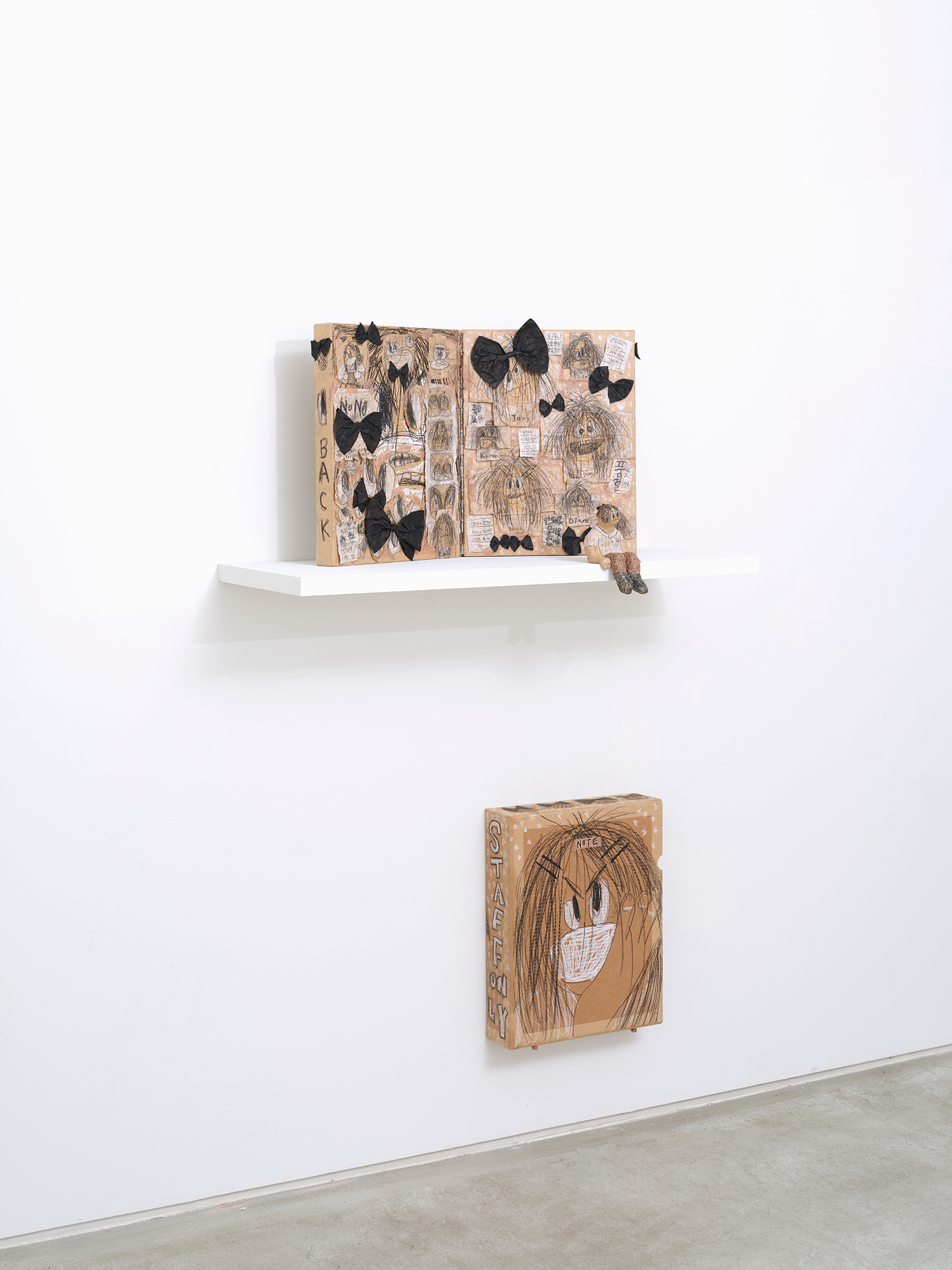 Shin Min (b. 1985), *back room*, 2025, pencil, glue, paper, tape on canvas and plaster, 41 × 32 cm each, diptych, sculpture: 16(h) × 11 × 9 cm, box: 43.5 × 33.5 × 10 cm