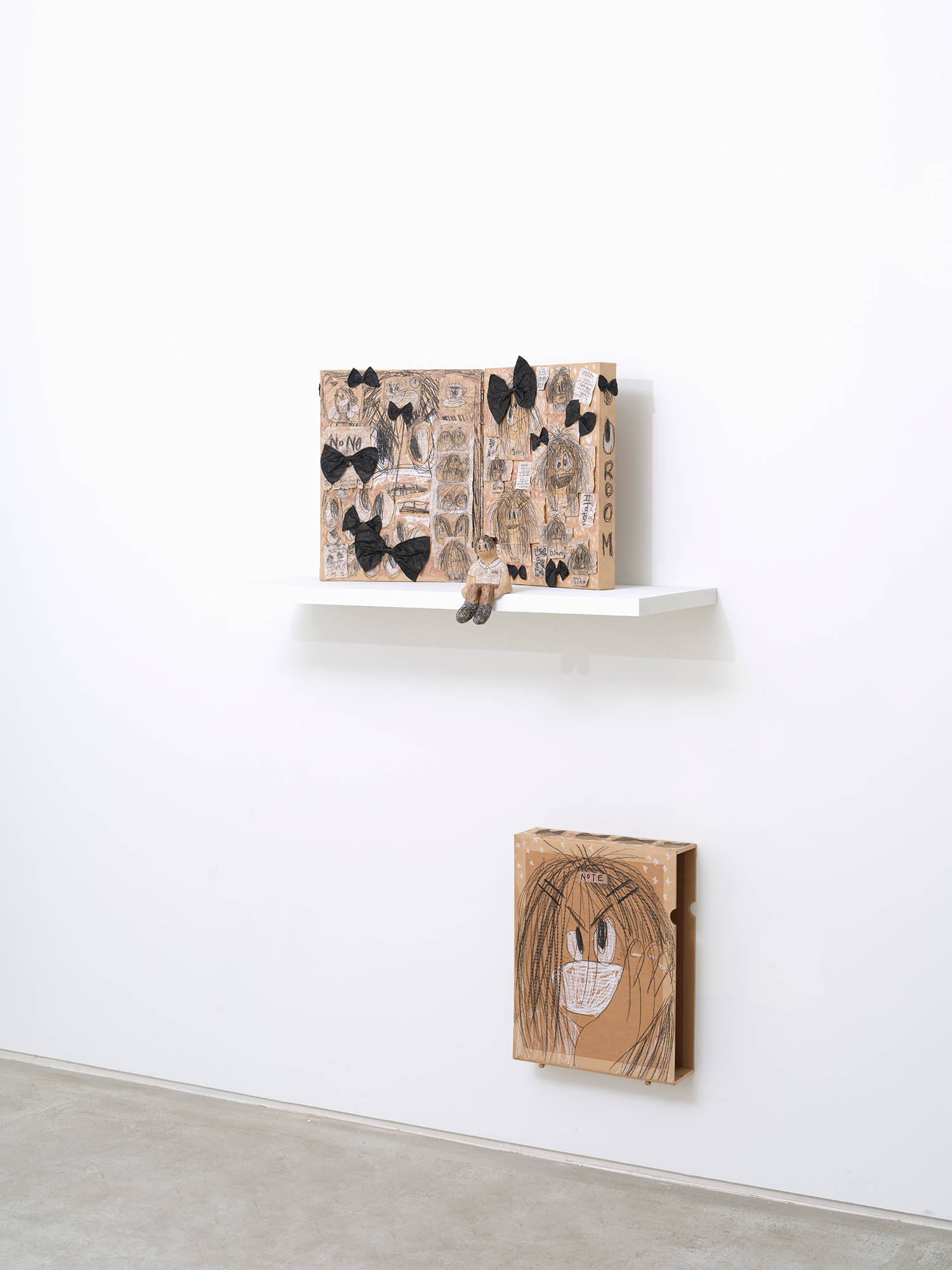 Shin Min (b. 1985), *back room*, 2025, pencil, glue, paper, tape on canvas and plaster, 41 × 32 cm each, diptych, sculpture: 16(h) × 11 × 9 cm, box: 43.5 × 33.5 × 10 cm