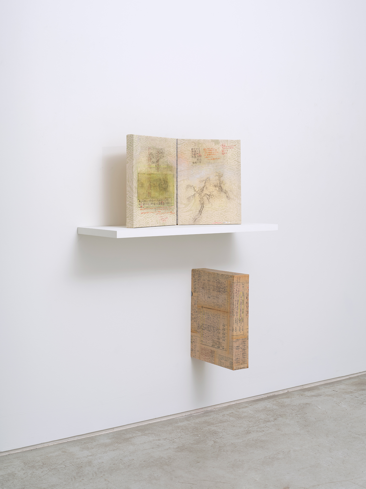 Choe Sooryeon, *The Separate Failures of Two Taoist Sorcerers*, 2025, watercolor, traditional Asian ink, silver ink, cinnabar ink, fluorescent ink, graphite on cotton cloth, 41 × 32 cm each, diptych, box: 43.5(h) × 33.5 × 10 cm