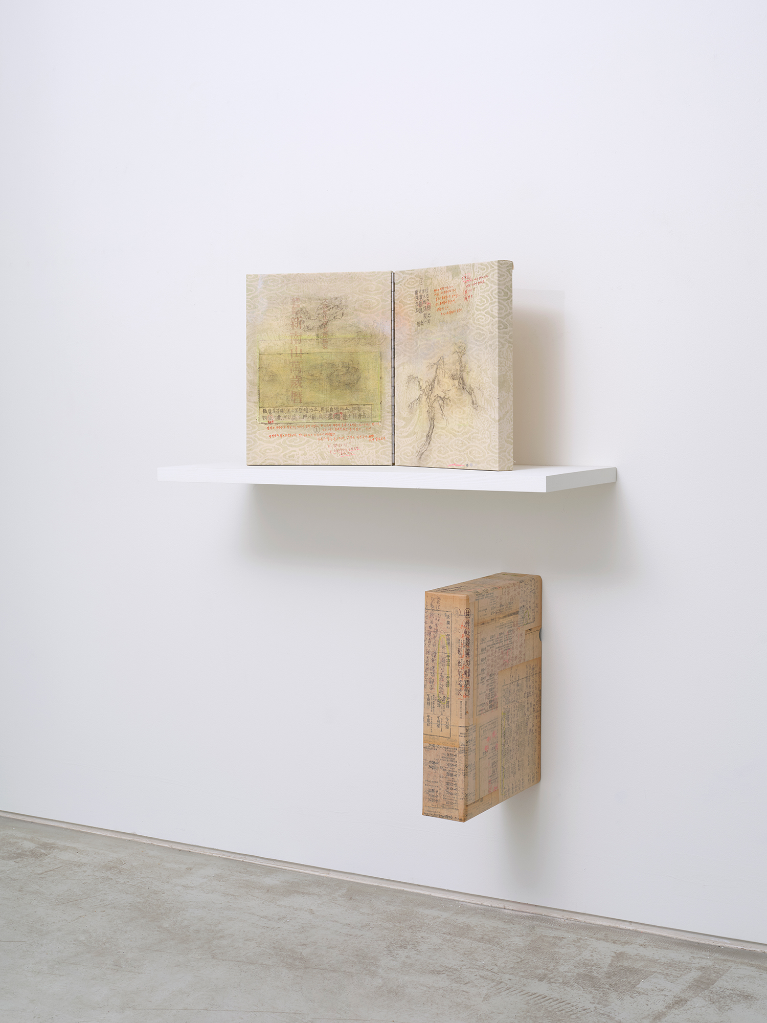 Choe Sooryeon, *The Separate Failures of Two Taoist Sorcerers*, 2025, watercolor, traditional Asian ink, silver ink, cinnabar ink, fluorescent ink, graphite on cotton cloth, 41 × 32 cm each, diptych, box: 43.5(h) × 33.5 × 10 cm