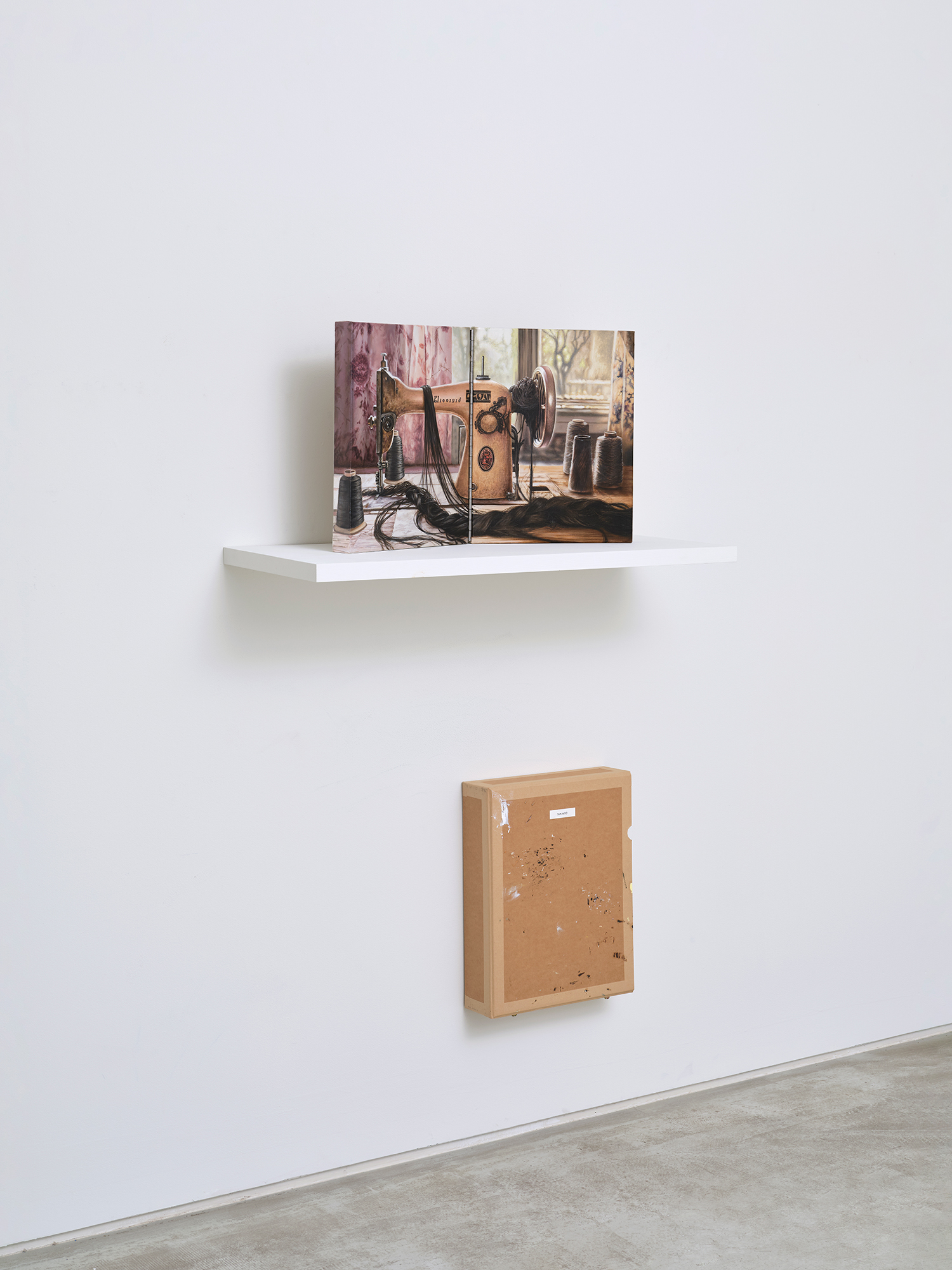 Sun Woo, *Text and Textile*, 2025, oil on linen, 41 × 32 cm each, diptych, box: 43.5 × 33.5 × 10 cm