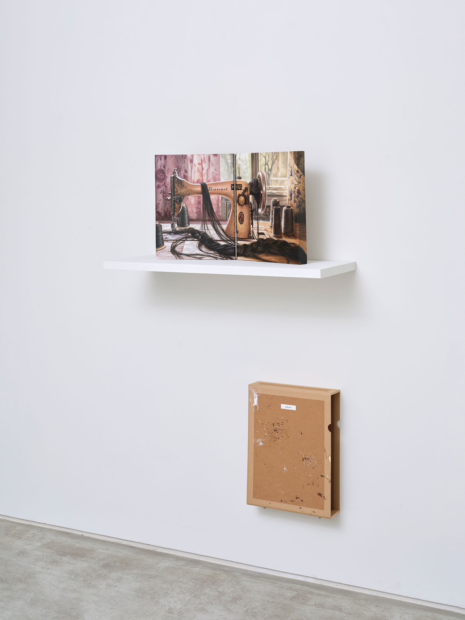 Sun Woo, *Text and Textile*, 2025, oil on linen, 41 × 32 cm each, diptych, box: 43.5 × 33.5 × 10 cm