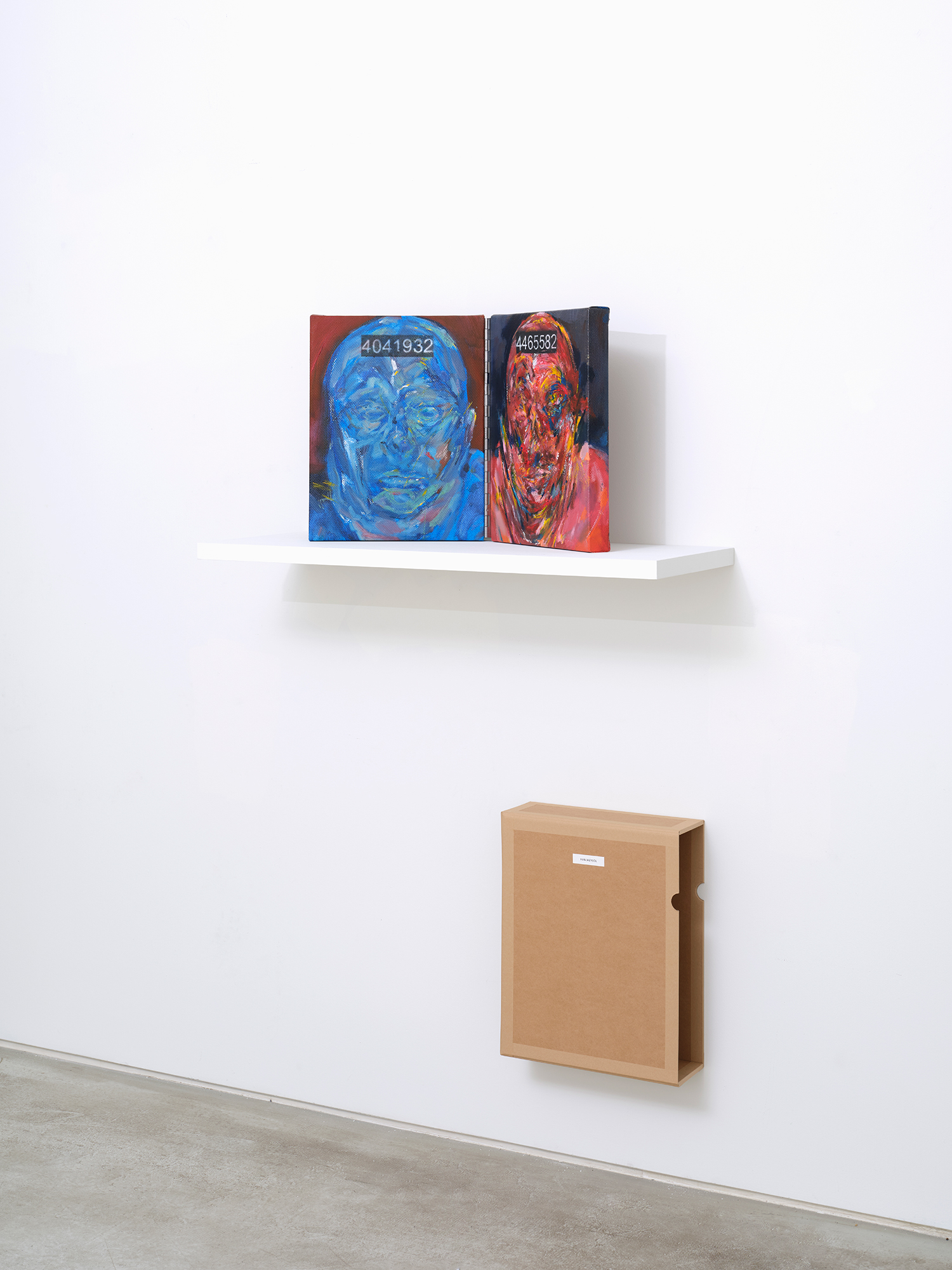 Han Jaeyeol, *4041932_4465582*, 2025, pigment bar on canvas, 41 × 32 cm each, diptych, box: 43.5(h) × 34.6 × 12.5 cm